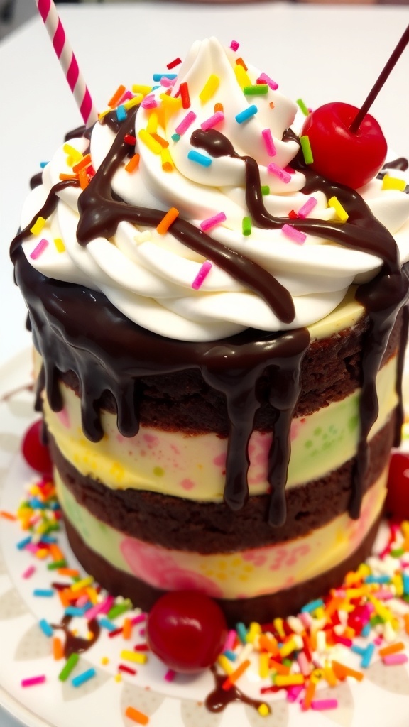 An ice cream sundae cake with chocolate layers, ice cream, whipped cream, and sprinkles, garnished with cherries.
